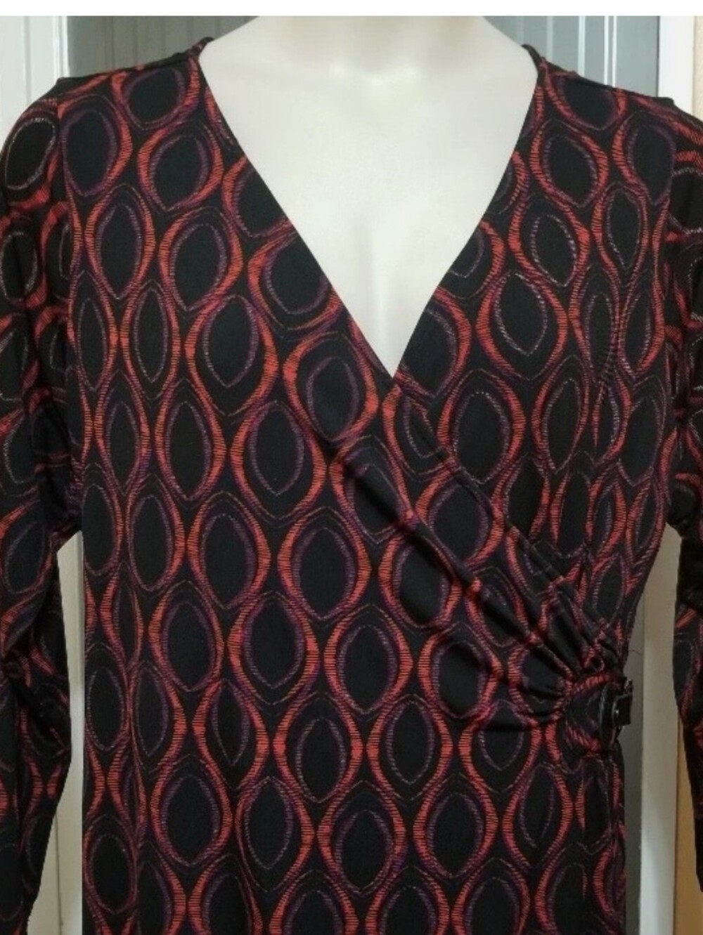NY Collection Black Dress with Red Oval Print, Long Sleeve